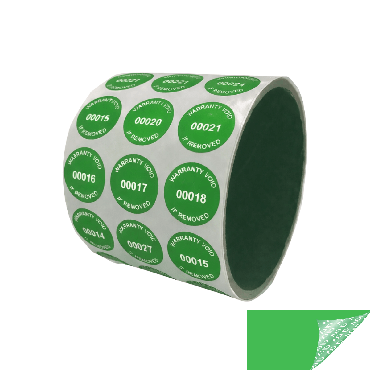 2,000 Tamper-Evident Green Non Residue Security Labels TamperGuard® Seal Sticker, Round/ Circle 0.75" diameter (19mm). Printed: Warranty Void if Removed + Serialized