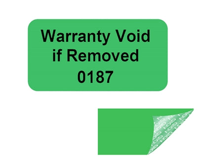 10,000 Green TamperGuard® Tamper Evident Security Label Seal Sticker Non Residue, Rectangle 1"x 0.5" (25mm x 13mm). Printed: Warranty Void if Removed + Serial Number.