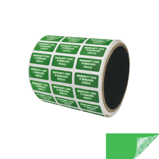 5,000 Green TamperGuard® Tamper Evident Security Label Seal Sticker Non Residue, Rectangle 1"x 0.5" (25mm x 13mm). Printed: Warranty Void if Removed + Serial Number.