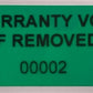 500 Tamper-Evident Green Non Residue Security Labels TamperGuard® Seal Sticker, Rectangle 1.5" x 0.6" (38mm x 15mm). Printed: Warranty Void if Removed + Serialized