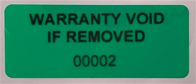 500 Tamper-Evident Green Non Residue Security Labels TamperGuard® Seal Sticker, Rectangle 1.5" x 0.6" (38mm x 15mm). Printed: Warranty Void if Removed + Serialized