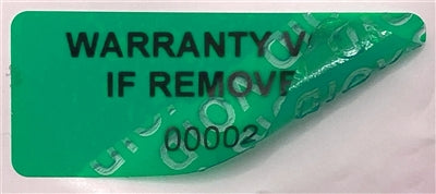 500 Tamper-Evident Green Non Residue Security Labels TamperGuard® Seal Sticker, Rectangle 1.5" x 0.6" (38mm x 15mm). Printed: Warranty Void if Removed + Serialized