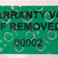 500 Tamper-Evident Green Non Residue Security Labels TamperGuard® Seal Sticker, Rectangle 1.5" x 0.6" (38mm x 15mm). Printed: Warranty Void if Removed + Serialized