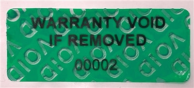 500 Tamper-Evident Green Non Residue Security Labels TamperGuard® Seal Sticker, Rectangle 1.5" x 0.6" (38mm x 15mm). Printed: Warranty Void if Removed + Serialized