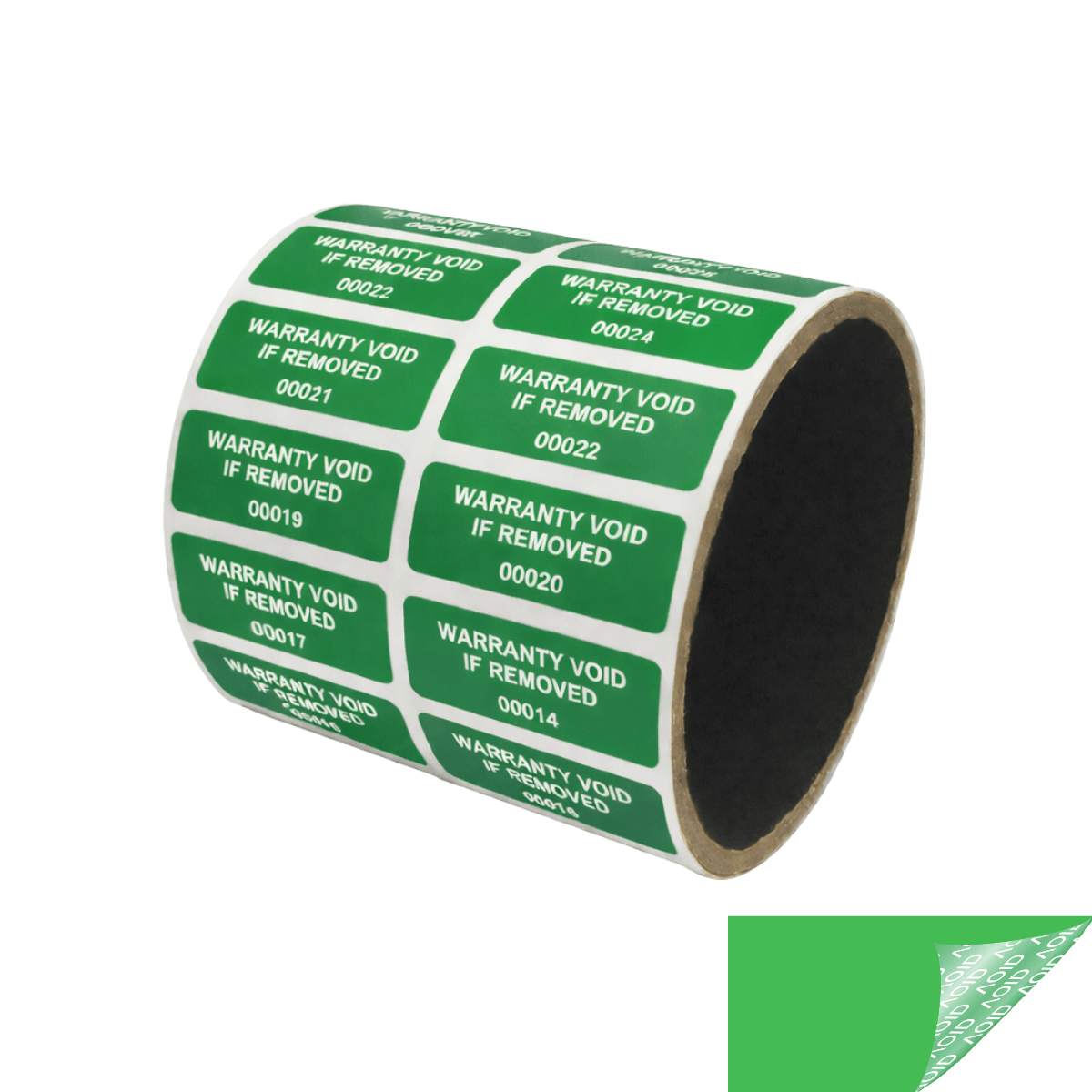 1,000 Tamper-Evident Green Non Residue Security Labels TamperGuard® Seal Sticker, Rectangle 1.5" x 0.6" (38mm x 15mm). Printed: Warranty Void if Removed + Serialized