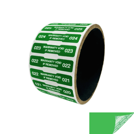 250 Tamper Evident Green Non Residue Security Labels TamperGuard® Seal Sticker, Dogbone 1.75" x 0.375" (44mm x 9mm). Printed: Warranty Void if Removed + Serialized