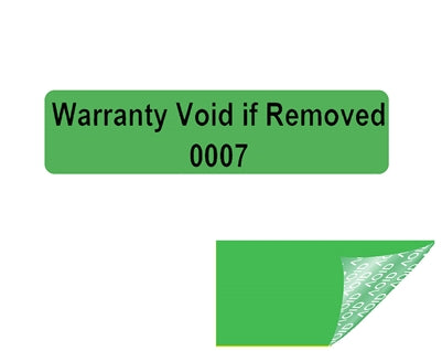500 Tamper Evident Green Non Residue Security Labels TamperGuard® Seal Sticker, Rectangle 2" x .5" (51mm x 13mm). Printed: Warranty Void if Removed + Serialized