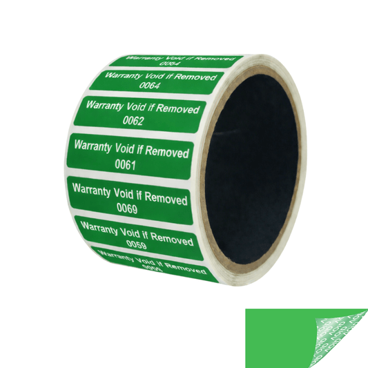 5,000 Tamper Evident Green Non Residue Security Labels TamperGuard® Seal Sticker, Rectangle 2" x .5" (51mm x 13mm). Printed: Warranty Void if Removed + Serialized
