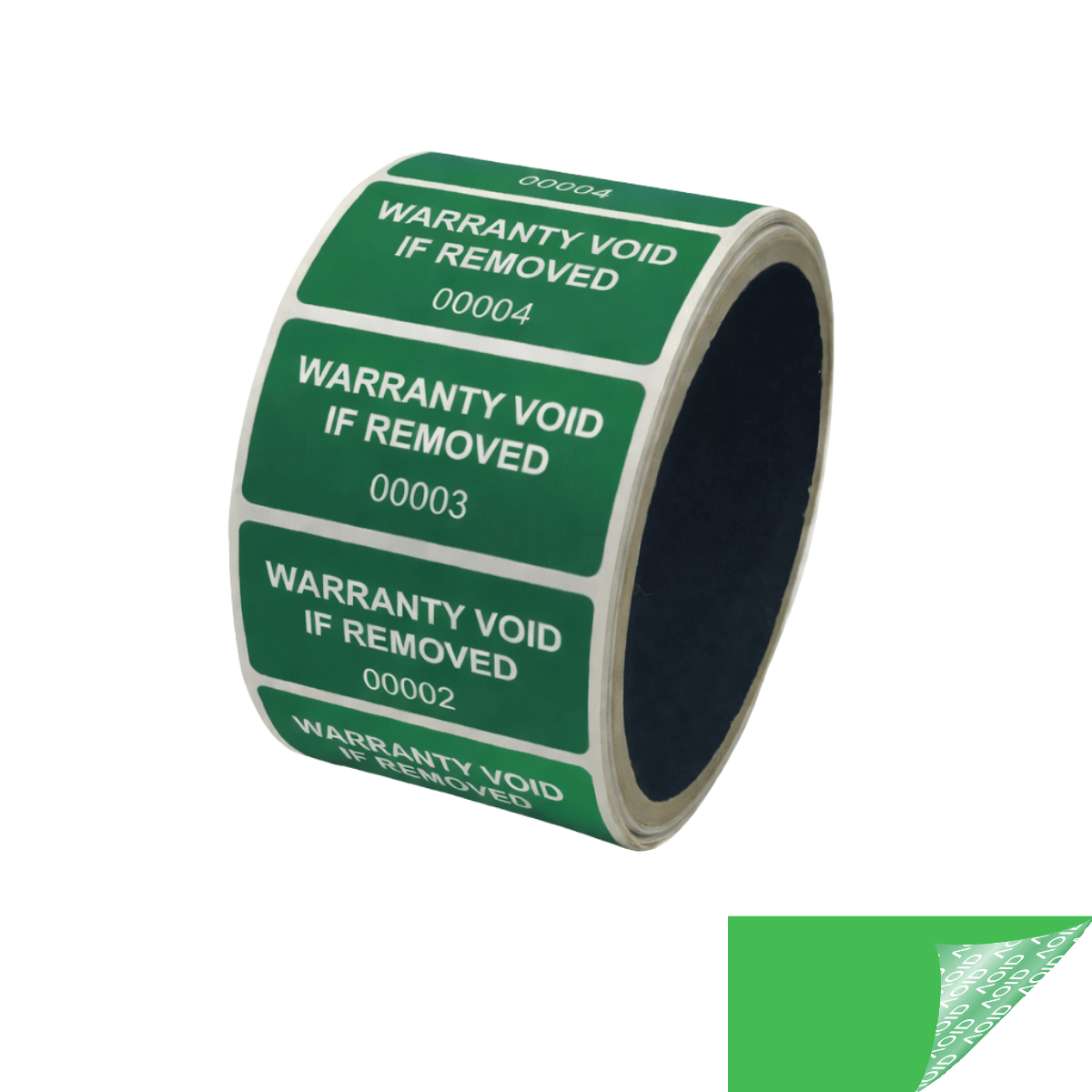 1,000 Tamper Evident Green Non Residue Security Labels TamperGuard® Seal Sticker, Rectangle 2" x 1" (51mm x 25mm). Printed: Warranty Void if Removed + Serialized