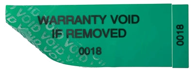 500 Tamper-Evident Green Non Residue Security Labels TamperGuard® Seal Sticker , Rectangle 2.75" x 1" (70mm x 25mm). Printed: Warranty Void if Removed + Serialized