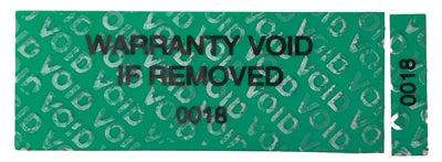 500 Tamper-Evident Green Non Residue Security Labels TamperGuard® Seal Sticker , Rectangle 2.75" x 1" (70mm x 25mm). Printed: Warranty Void if Removed + Serialized