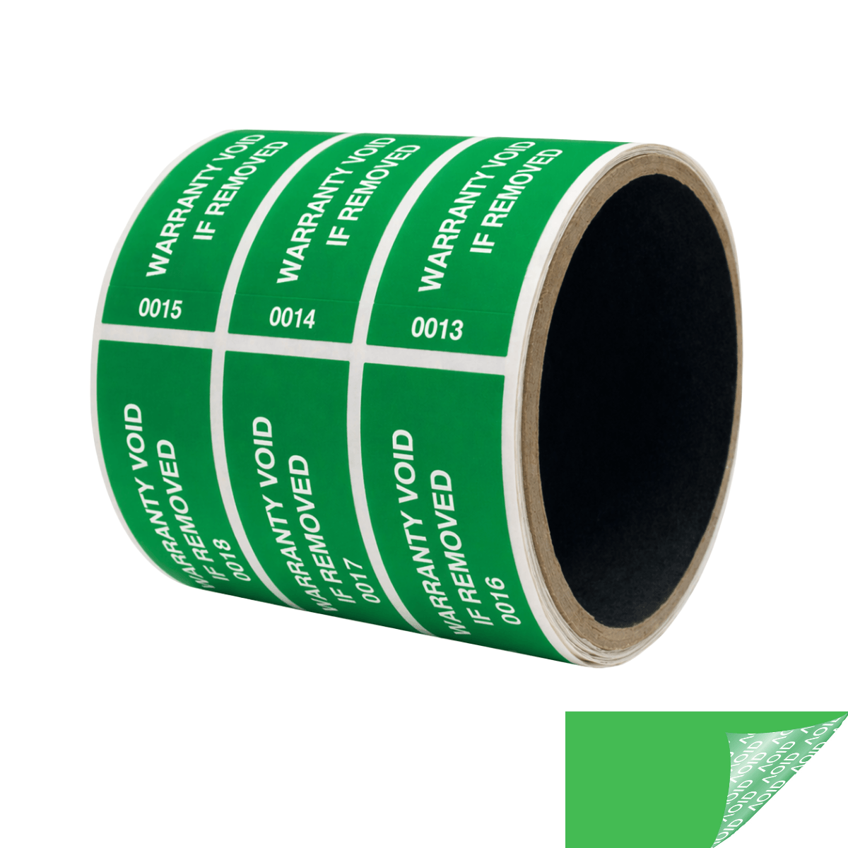 500 Tamper-Evident Green Non Residue Security Labels TamperGuard® Seal Sticker , Rectangle 2.75" x 1" (70mm x 25mm). Printed: Warranty Void if Removed + Serialized