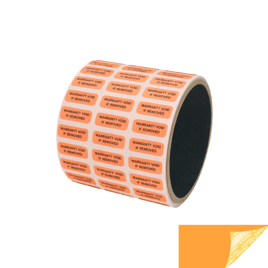 250 Orange TamperGuard® Tamper Evident Security Label Seal Sticker Non Residue, Rectangle 0.75" x 0.25" (19mm x 6mm). Printed: Warranty Void if Removed + Serial Number.