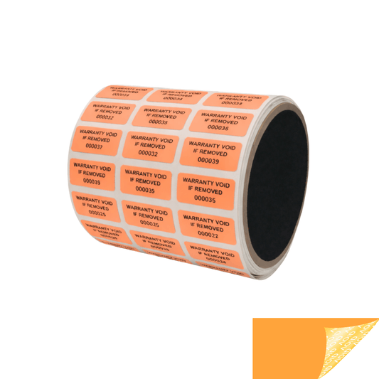 250 Orange TamperGuard® Tamper Evident Security Label Seal Sticker Non Residue, Rectangle 1"x 0.5" (25mm x 13mm). Printed: Warranty Void if Removed + Serial Number.
