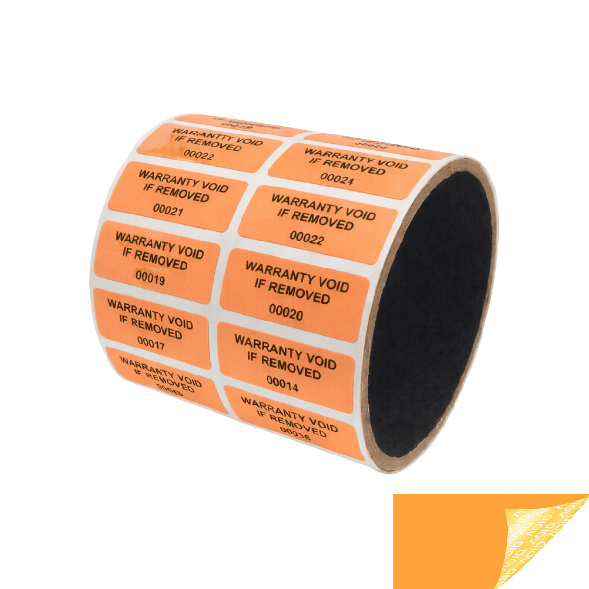 250 Tamper Evident Orange Non Residue Security Labels TamperGuard® Seal Sticker, Rectangle 1.5" x 0.6" (38mm x 15mm). Printed: Warranty Void if Removed + Serialized