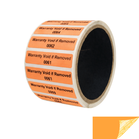10,000 Tamper Evident Orange Non Residue Security Labels TamperGuard® Seal Sticker, Rectangle 2" x .5" (51mm x 13mm). Printed: Warranty Void if Removed + Serialized