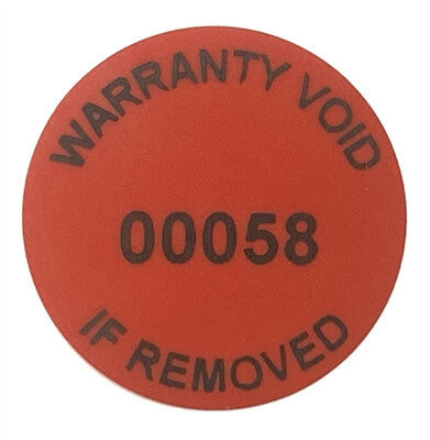 250 Tamper Evident Red Non Residue Security Labels TamperGuard® Seal Sticker, Round/ Circle 0.75" diameter (19mm). Printed: Warranty Void if Removed + Serialized