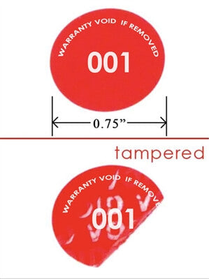 250 Tamper Evident Red Non Residue Security Labels TamperGuard® Seal Sticker, Round/ Circle 0.75" diameter (19mm). Printed: Warranty Void if Removed + Serialized