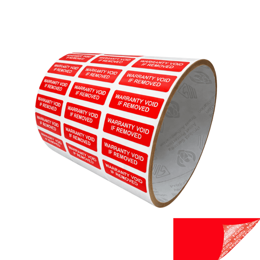 250 Red TamperGuard® Tamper Evident Security Label Seal Sticker Non Residue, Rectangle 1"x 0.375" (25mm x 9mm). Printed: Warranty Void if Removed + Serial Number.