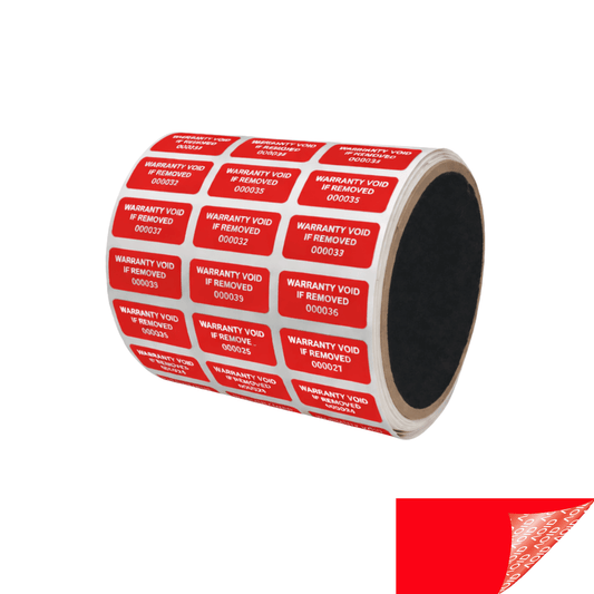 5,000 Red TamperGuard® Tamper Evident Security Label Seal Sticker Non Residue, Rectangle 1"x 0.5" (25mm x 13mm). Printed: Warranty Void if Removed + Serial Number.