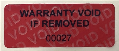 10,000 Tamper Evident Red Non Residue Security Labels TamperGuard® Seal Sticker, Rectangle 1.5" x 0.6" (38mm x 15mm). Printed: Warranty Void if Removed + Serialized