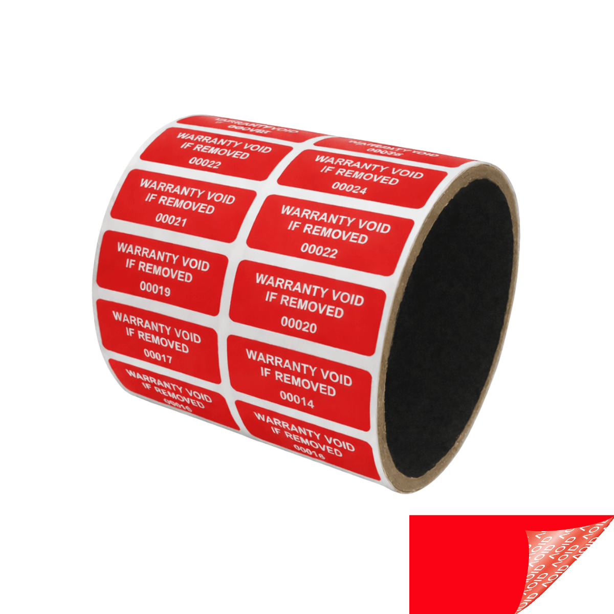 10,000 Tamper Evident Red Non Residue Security Labels TamperGuard® Seal Sticker, Rectangle 1.5" x 0.6" (38mm x 15mm). Printed: Warranty Void if Removed + Serialized