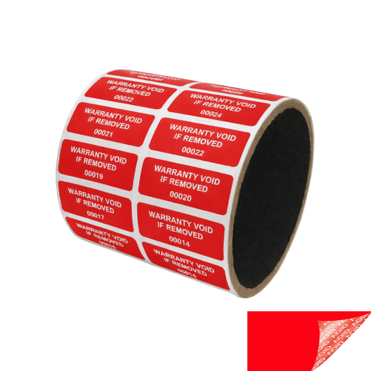 5,000 Tamper Evident Red Non Residue Security Labels TamperGuard® Seal Sticker, Rectangle 1.5" x 0.6" (38mm x 15mm). Printed: Warranty Void if Removed + Serialized