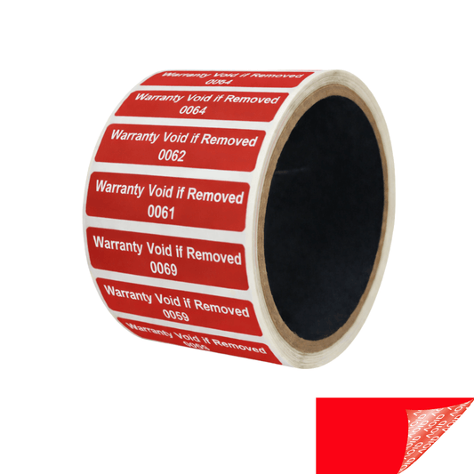 5,000 Tamper Evident Red Non Residue Security Labels TamperGuard® Seal Sticker, Rectangle 2" x .5" (51mm x 13mm). Printed: Warranty Void if Removed + Serialized