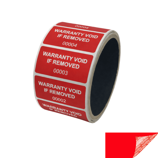 500 Tamper Evident Red Non Residue Security Labels TamperGuard® Seal Sticker, Rectangle 2" x 1" (51mm x 25mm). Printed: Warranty Void if Removed + Serialized