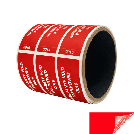 500 Tamper Evident Red Non Residue Security Labels TamperGuard® Seal Sticker, Rectangle 2.75" x 1" (70mm x 25mm). Printed: Warranty Void if Removed + Serialized