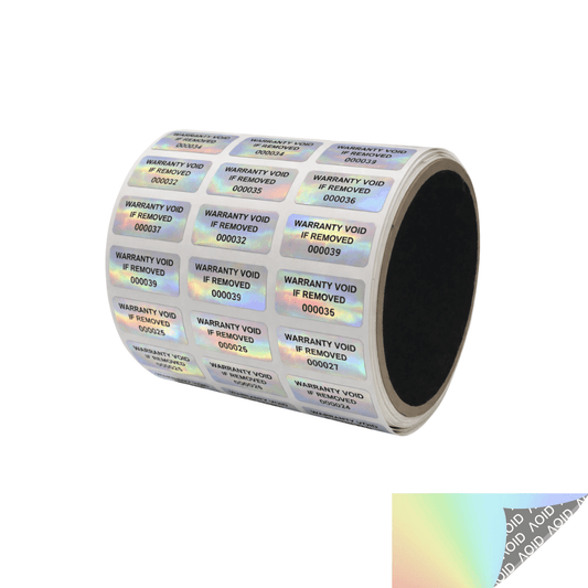 5,000 Rainbow TamperGuard® Tamper Evident Security Label Seal Sticker Non Residue, Rectangle 1"x 0.5" (25mm x 13mm). Printed: Warranty Void if Removed + Serial Number.