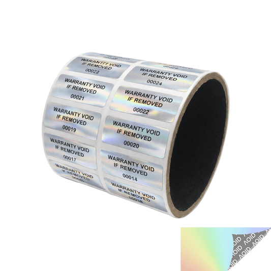 500 Tamper Evident Rainbow Non Residue Security Labels TamperGuard® Seal Sticker, Rectangle 1.5" x 0.6" (38mm x 15mm). Printed: Warranty Void if Removed + Serialized