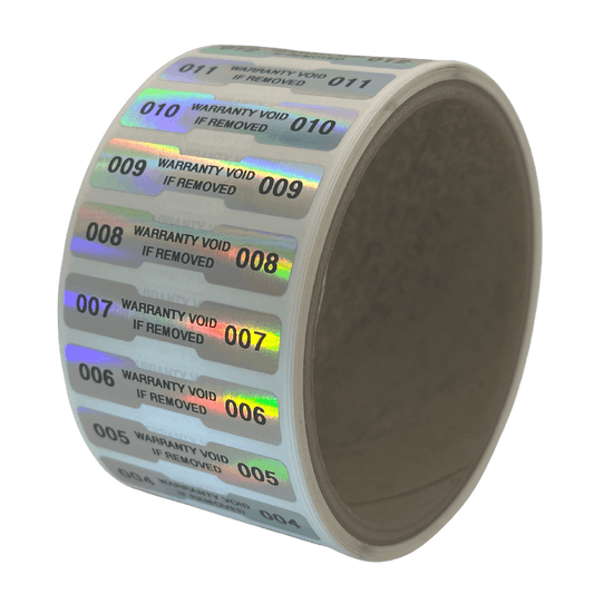 500 Tamper Evident Rainbow Non Residue Security Labels TamperGuard® Seal Sticker, Dogbone 1.75" x 0.375" (44mm x 9mm). Printed: Warranty Void if Removed + Serialized
