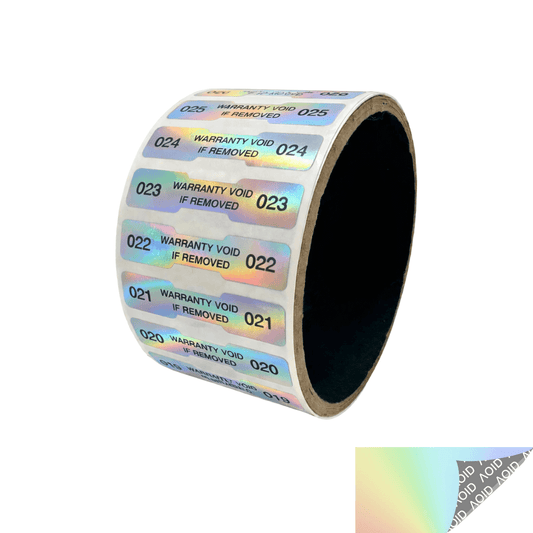 500 Tamper Evident Rainbow Non Residue Security Labels TamperGuard® Seal Sticker, Dogbone 1.75" x 0.375" (44mm x 9mm). Printed: Warranty Void if Removed + Serialized