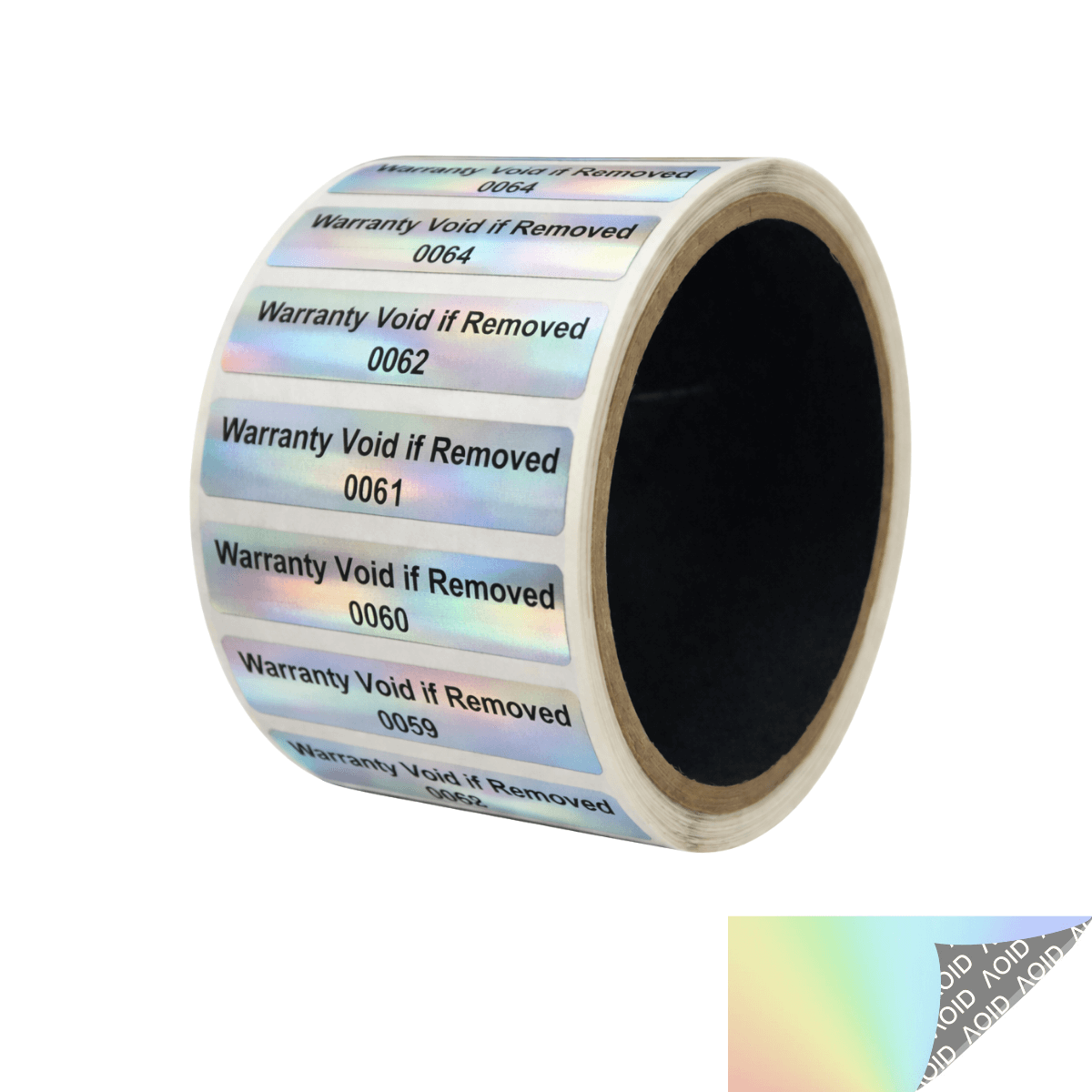 500 Tamper Evident Rainbow Non Residue Security Labels TamperGuard® Seal Sticker, Rectangle 2" x .5" (51mm x 13mm). Printed: Warranty Void if Removed + Serialized