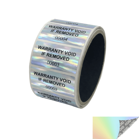 500 Tamper Evident Rainbow Non Residue Security Labels TamperGuard® Seal Sticker, Rectangle 2" x 1" (51mm x 25mm). Printed: Warranty Void if Removed + Serialized