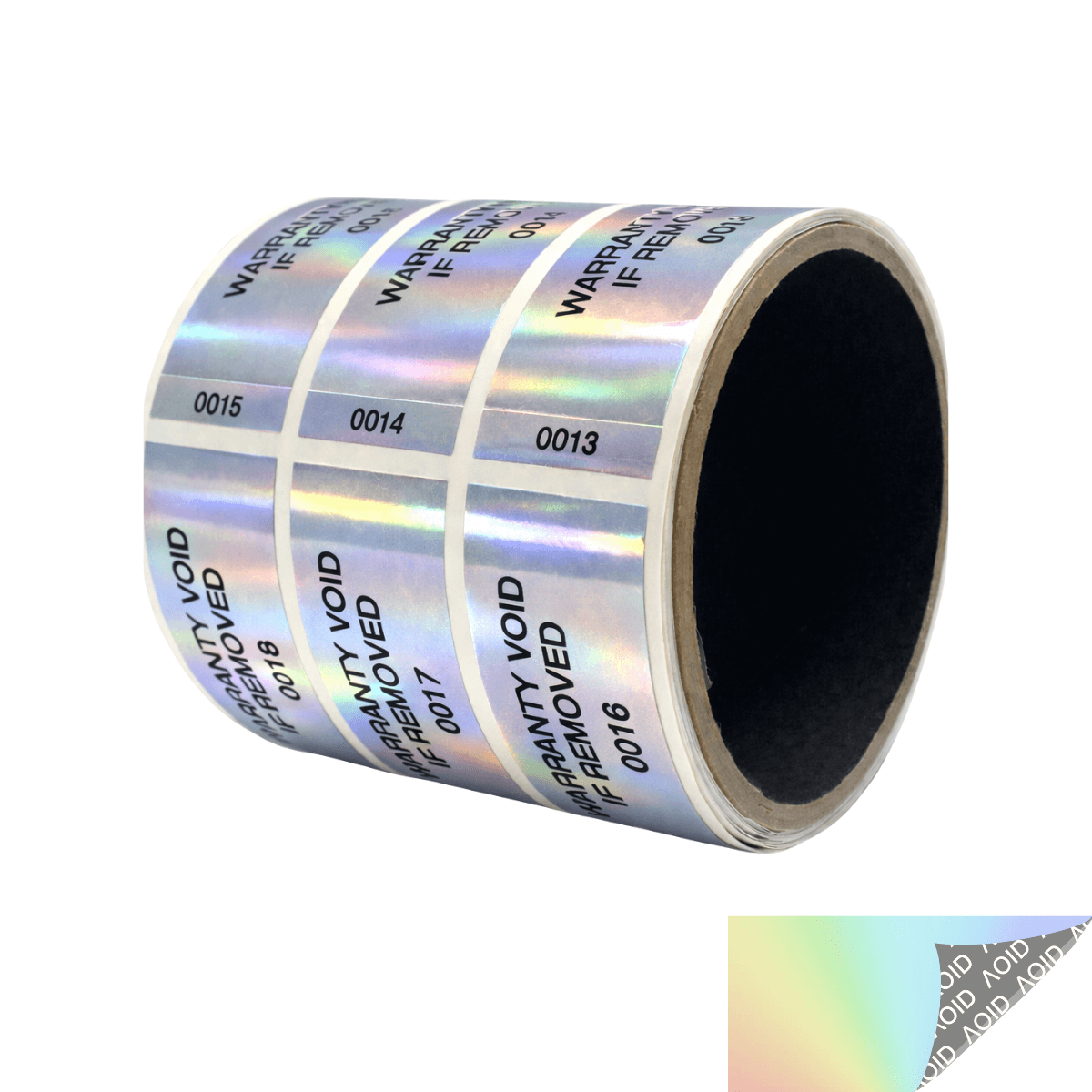 500 Tamper Evident Rainbow Non Residue Security Labels TamperGuard® Seal Sticker, Rectangle 2.75" x 1" (70mm x 25mm). Printed: Warranty Void if Removed + Serialized