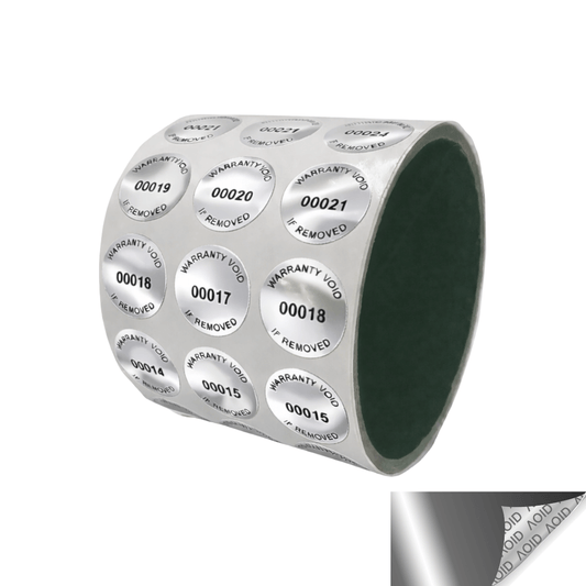 500 Tamper-Evident Metallic Silver / Chrome Non Residue Security Labels TamperGuard® Seal Sticker, Round/ Circle 0.75" diameter (19mm). Printed: Warranty Void if Removed + Serialized