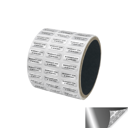 5,000 Silver Bright/ Chrome TamperGuard® Tamper Evident Security Label Seal Sticker Non Residue, Rectangle 0.75" x 0.25" (19mm x 6mm). Printed: Warranty Void if Removed + Serial Number.