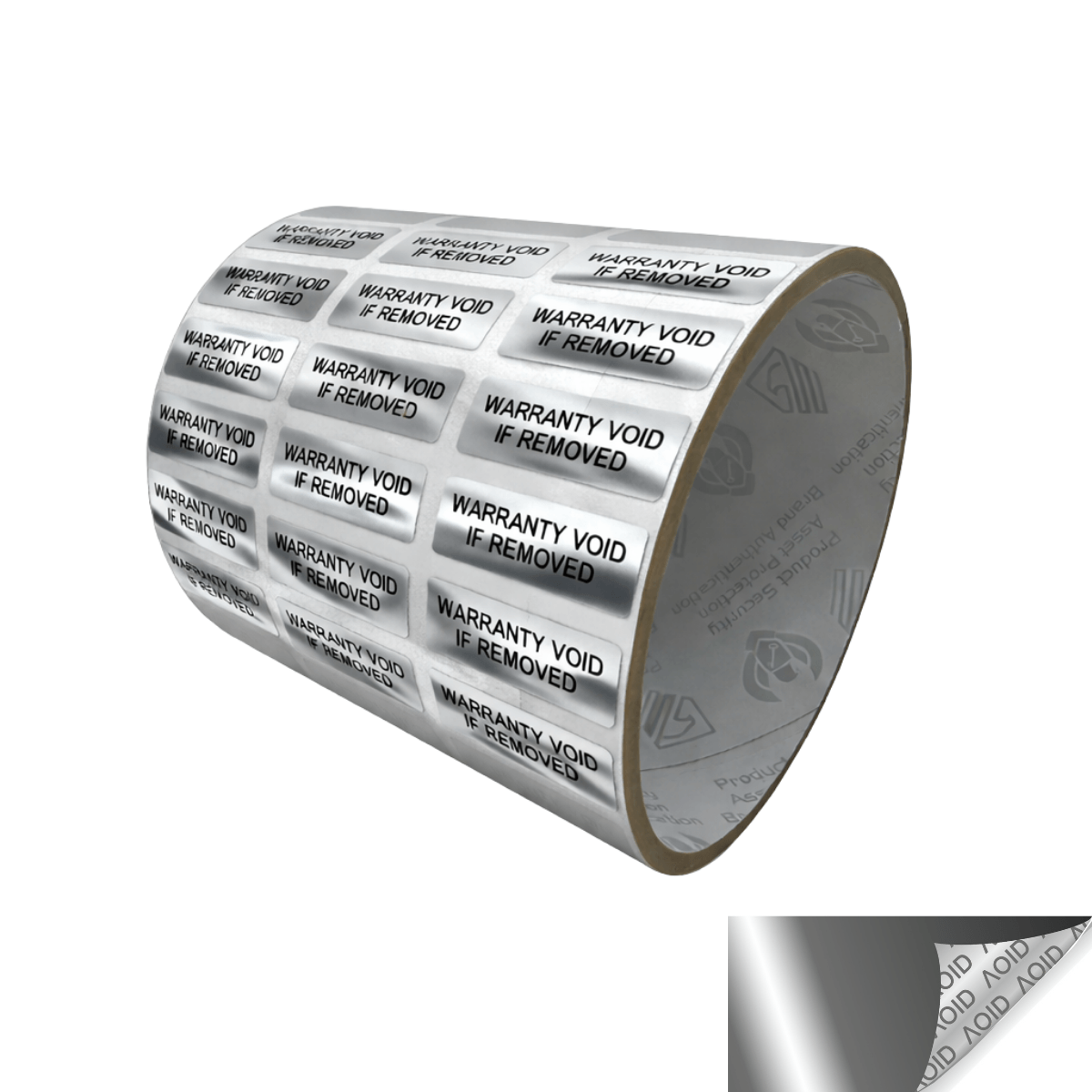 250 Silver Bright/ Chrome TamperGuard® Tamper Evident Security Label Seal Sticker Non Residue, Rectangle 1"x 0.375" (25mm x 9mm). Printed: Warranty Void if Removed + Serial Number.