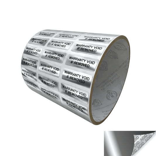 250 Silver Bright/ Chrome TamperGuard® Tamper Evident Security Label Seal Sticker Non Residue, Rectangle 1"x 0.375" (25mm x 9mm). Printed: Warranty Void if Removed + Serial Number.