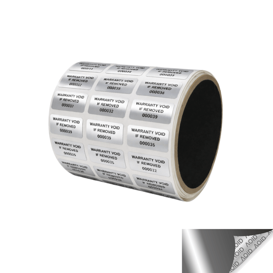 250 Silver Bright/ Chrome TamperGuard® Tamper Evident Security Label Seal Sticker Non Residue, Rectangle 1"x 0.5" (25mm x 13mm). Printed: Warranty Void if Removed + Serial Number.