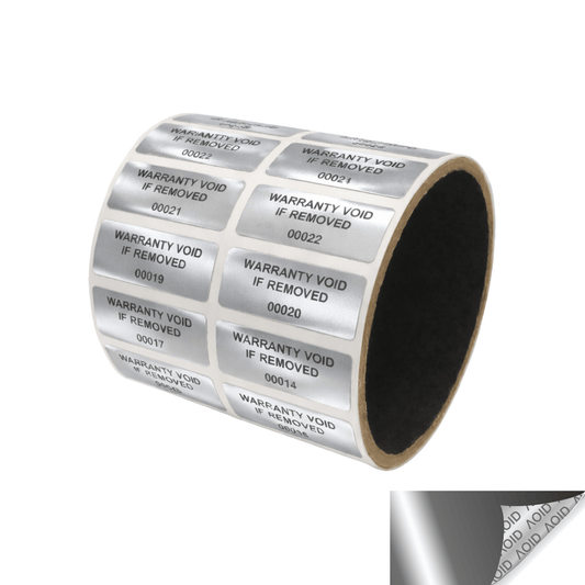 500 Tamper-Evident Metallic Silver / Chrome Non Residue Security Labels TamperGuard® Seal Sticker, Rectangle 1.5" x 0.6" (38mm x 15mm). Printed: Warranty Void if Removed + Serialized