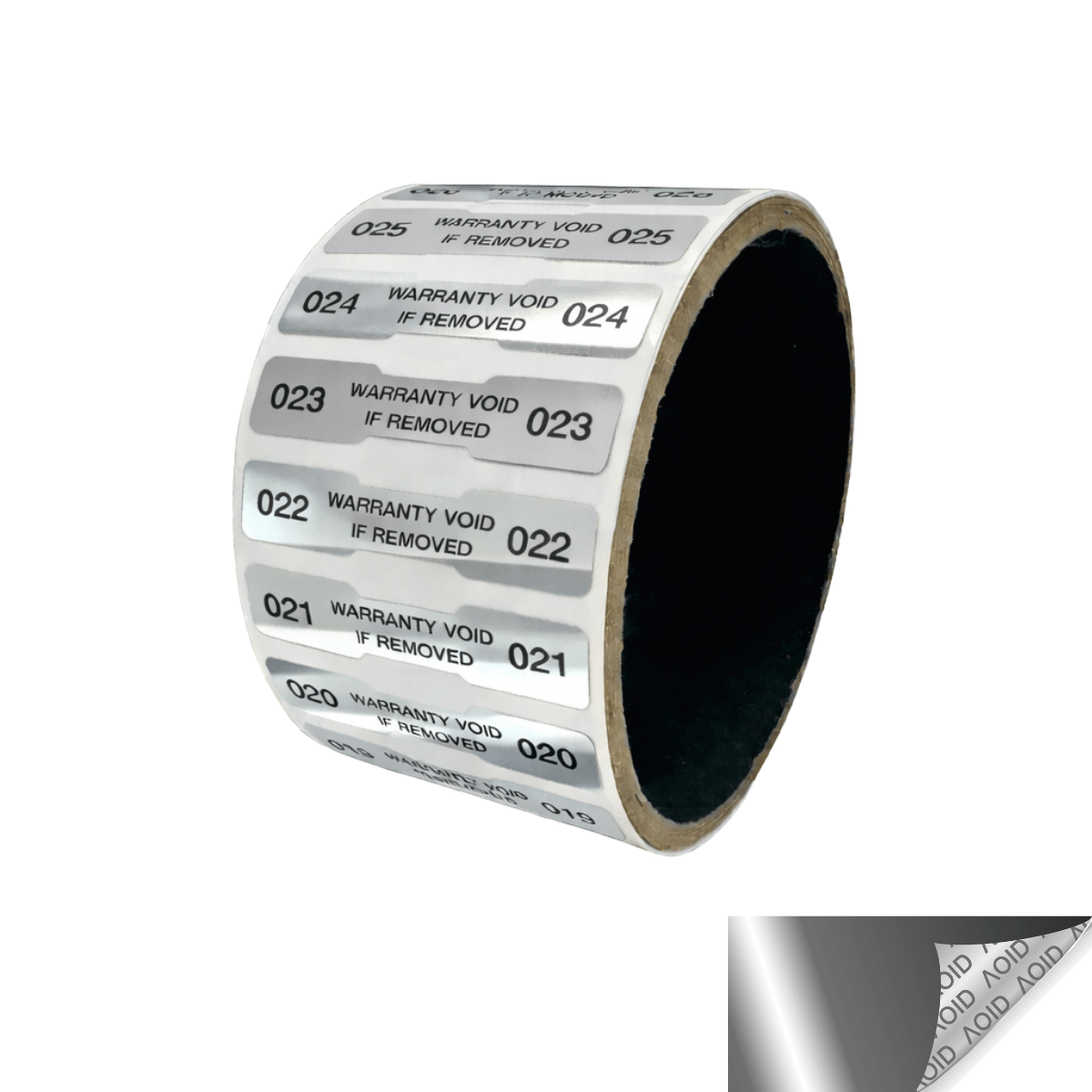 1,000 Finish Tamper Evident Metallic Silver / Chrome Non Residue Security Labels TamperGuard® Seal Sticker, Dogbone 1.75" x 0.375" (44mm x 9mm). Printed: Warranty Void if Removed + Serialized