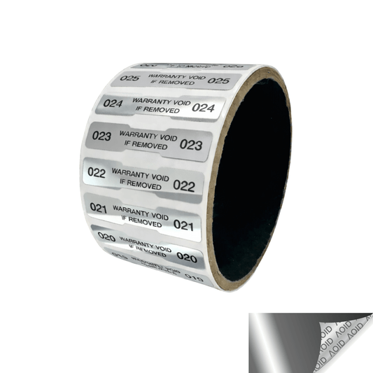 250 Finish Tamper Evident Metallic Silver / Chrome Non Residue Security Labels TamperGuard® Seal Sticker, Dogbone 1.75" x 0.375" (44mm x 9mm). Printed: Warranty Void if Removed + Serialized