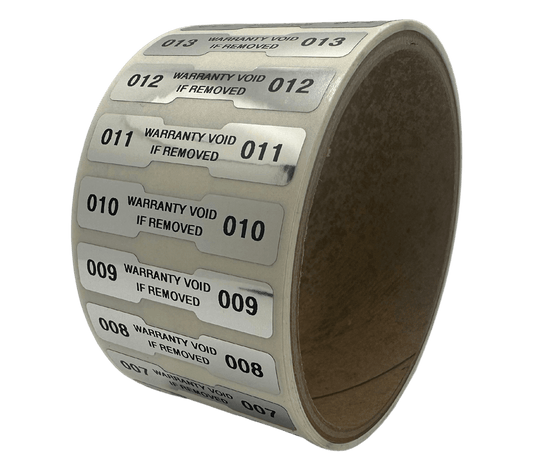 1,000 Finish Tamper Evident Metallic Silver / Chrome Non Residue Security Labels TamperGuard® Seal Sticker, Dogbone 1.75" x 0.375" (44mm x 9mm). Printed: Warranty Void if Removed + Serialized