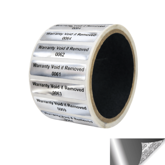 10,000 Finish Tamper Evident Metallic Silver / Chrome Non Residue Security Labels TamperGuard® Seal Sticker, Rectangle 2" x .5" (51mm x 13mm). Printed: Warranty Void if Removed + Serialized