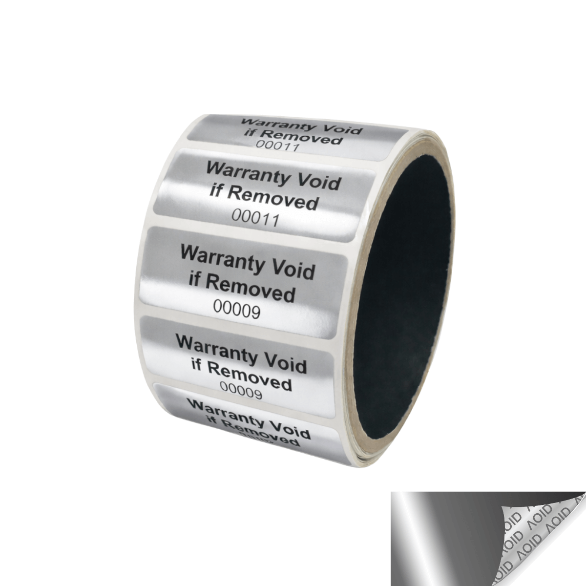 10,000 Silver Bright/ Chrome TamperGuard® Tamper Evident Security Label Seal Sticker Non Residue, Rectangle 2" x 0.75" (51mm x 19mm). Printed: Warranty Void if Removed + Serial Number.