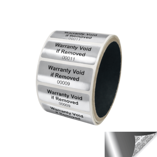 10,000 Silver Bright/ Chrome TamperGuard® Tamper Evident Security Label Seal Sticker Non Residue, Rectangle 2" x 0.75" (51mm x 19mm). Printed: Warranty Void if Removed + Serial Number.