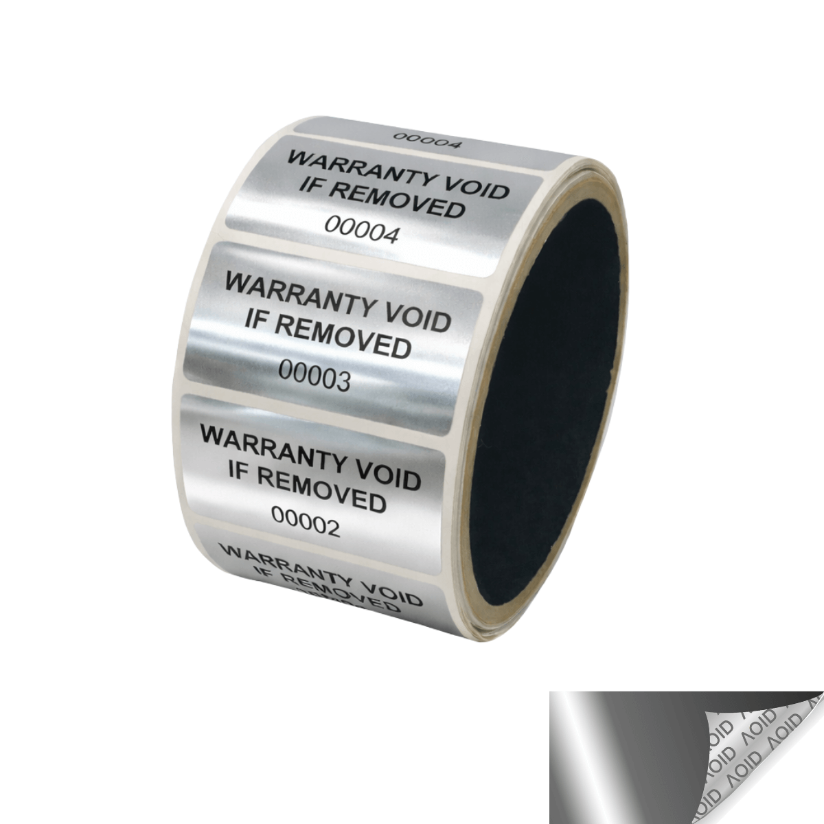 250 Finish Tamper Evident Metallic Silver / Chrome Non Residue Security Labels TamperGuard® Seal Sticker, Rectangle 2" x 1" (51mm x 25mm). Printed: Warranty Void if Removed + Serialized